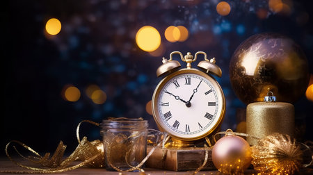 Christmas and New Year background with golden alarm clock and Christmas decorations.の素材