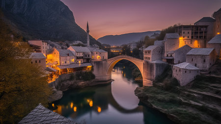 Old town of Mostar at sunset, Bosnia and Herzegovinaの素材