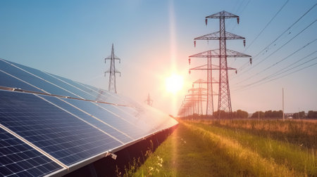 Solar panels and high-voltage power lines. Alternative energy conceptの素材