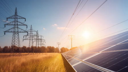 Solar panels and high-voltage power lines. Alternative energy source.の素材