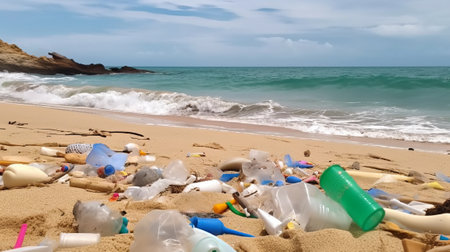 Plastic waste on the beach. Plastic trash on the beach.の素材