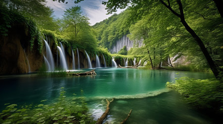 Waterfall in deep forest at Plitvice Lakes National Park in Croatiaの素材