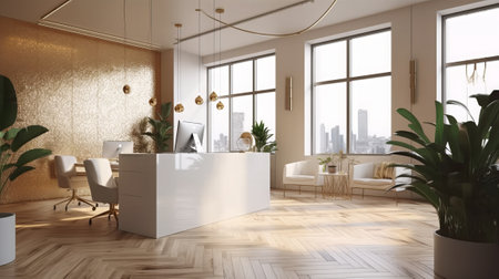 Corner of modern office with white reception desk, panoramic window and city view. 3D Renderingの素材