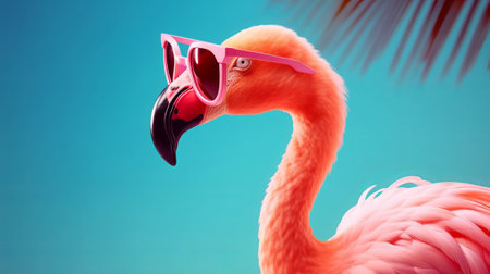 Flamingo wearing sunglasses on a blue background. 3d renderingの素材