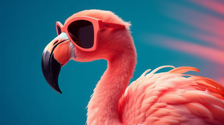 Flamingo wearing sunglasses on blue background. 3d illustration.の素材