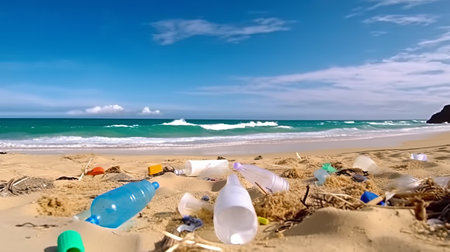Plastic waste on the beach. Concept of environmental pollution and recycling.の素材