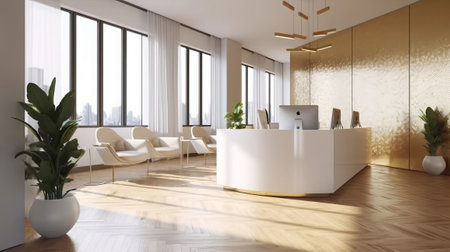 White reception desk in modern office waiting room with white walls, wooden floor, panoramic window with city view. 3d renderingの素材