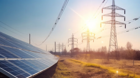 Solar panels and high-voltage power lines. Alternative energy conceptの素材