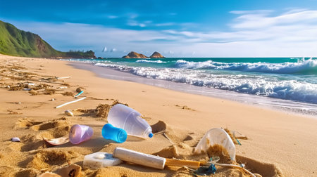Plastic waste on the beach. Pollution of the environment conceptの素材