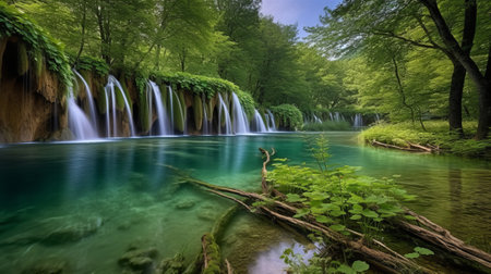 Waterfall in deep forest at Plitvice Lakes National Park in Croatiaの素材