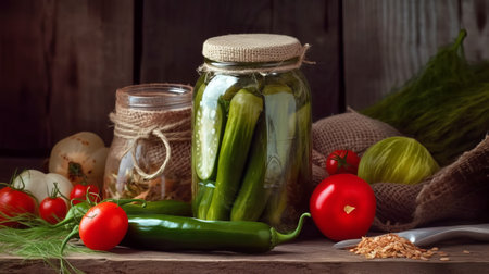 Homemade pickled cucumbers in a glass jar on a wooden backgroundの素材
