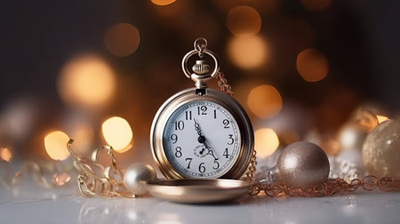 Vintage pocket watch on bokeh background. New Year conceptの素材