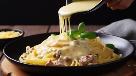 Spaghetti carbonara in black plate on wooden table, closeupの素材