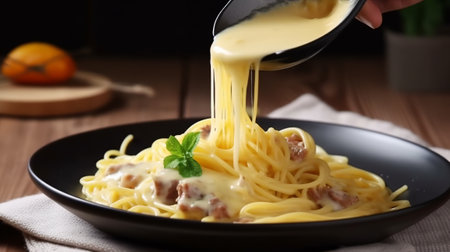 Spaghetti carbonara with ham and cheese in black plate on wooden tableの素材