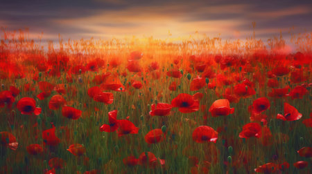 Field of red poppies at sunset. Abstract nature background.の素材