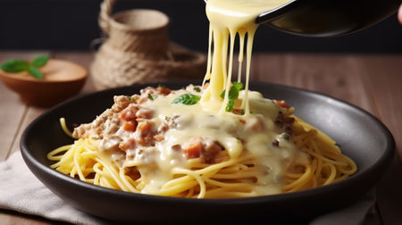 Spaghetti carbonara with minced meat and cheese on wooden table.の素材