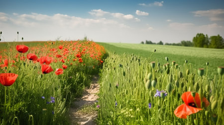 Poppies field and blue sky - panoramic image.の素材
