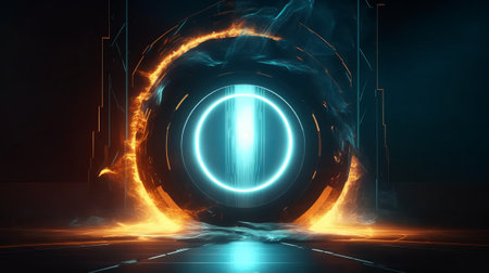 abstract futuristic tunnel with neon lights and reflections 3d render illustrationの素材