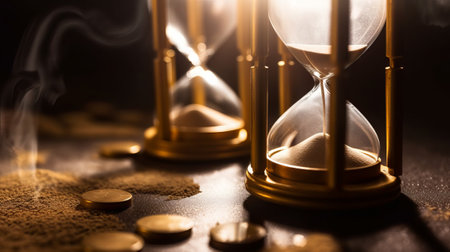 Time concept. Hourglass and money on dark background. Selective focus.の素材