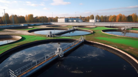 Panoramic view of the water treatment plant on the river.の素材