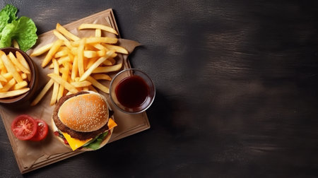 Hamburger, french fries and red wine on black background. Top view with copy space.の素材