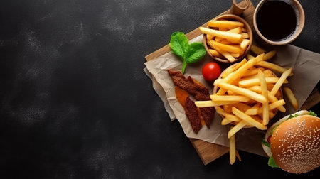 Fast food. French fries, hamburger and cola on black backgroundの素材