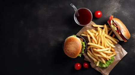 Hamburger and french fries on a black background, top viewの素材