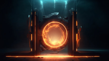 3D rendering of a futuristic sci-fi tunnel with glowing lights and smokeの素材