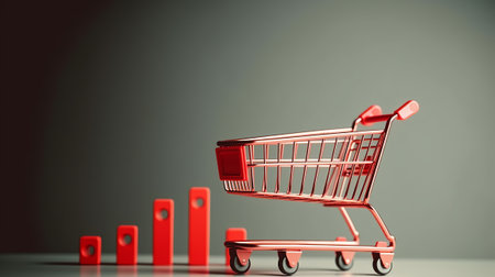 Shopping cart with red bar chart on grey background. 3d illustrationの素材