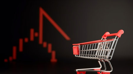 Shopping cart with red graph on black background. 3d illustrationの素材
