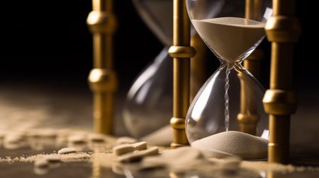 Hourglass with sand on a wooden background. Sand running through the glass.の素材