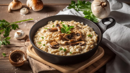 Risotto with mushrooms and parmesan cheese in a panの素材