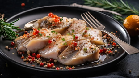 Raw cod fish fillet with spices and rosemary on black plateの素材