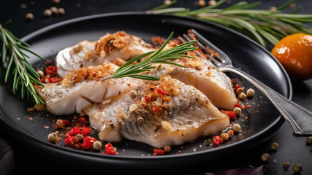 White fish fillet with spices and rosemary on a black plateの素材