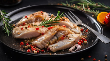 Raw cod fish fillet with spices and rosemary on black plateの素材