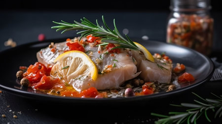 Fresh fish fillet with spices and herbs on a black plate.の素材