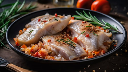 Fish fillet with vegetables in a frying pan on a dark backgroundの素材