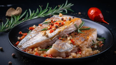 Baked fish fillet with spices and herbs on a black plateの素材