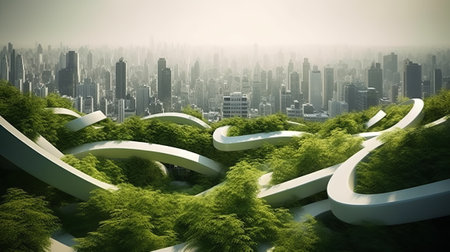 Futuristic city with green trees and curved road. 3D renderingの素材