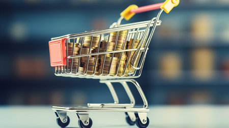 Shopping cart with coins, concept of saving money for the futureの素材