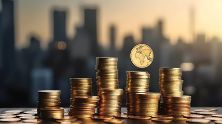 Gold coin stack on city background, business and finance concept idea.の素材