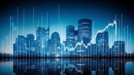 Modern cityscape with skyscrapers and forex chart on screenの素材