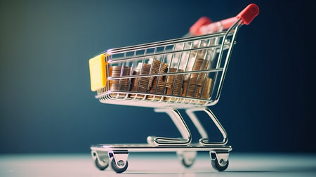 Shopping cart with coins on a blue background, business concept.の素材