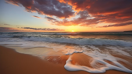 Beautiful sunrise over the sea. Colorful sunset on the beachの素材