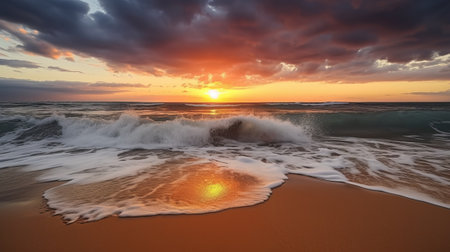 Beautiful sunset on the beach. Dramatic sky, waves and cloudsの素材