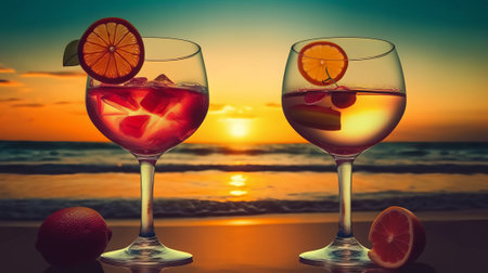 Two glasses of wine on the background of the sea and the sunsetの素材