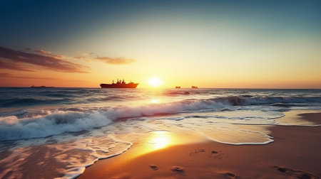 Beautiful seascape with ship on the sea at sunset.の素材
