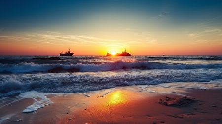 Cargo ship on the beach at sunset. Beautiful seascape.の素材