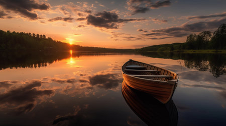 Wooden boat on the lake at sunset. Beautiful summer landscape.の素材