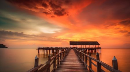 Wooden pier on the sea at sunset with beautiful sky background.の素材